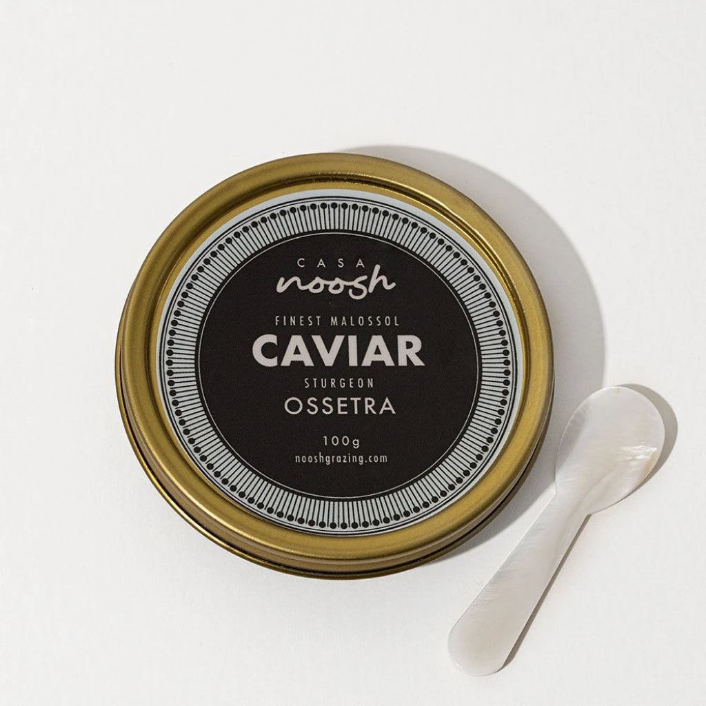 Casa Noosh caviar jar with a spoon on a white background